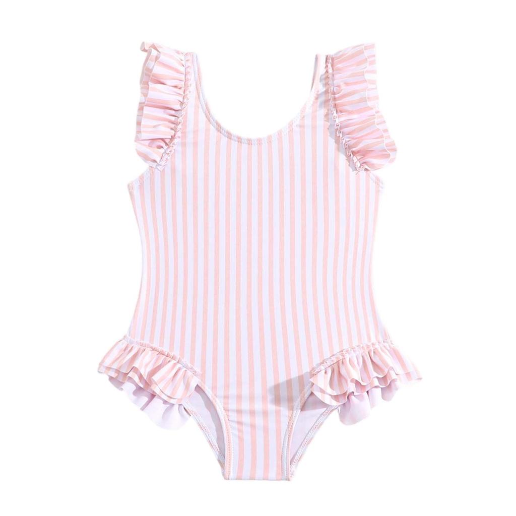 Girls One Piece Swimsuit Ruffle Detail Sleeveless Striped Pattern Swimwear Kids Beachwear Suitable for Swimming and Water Activities