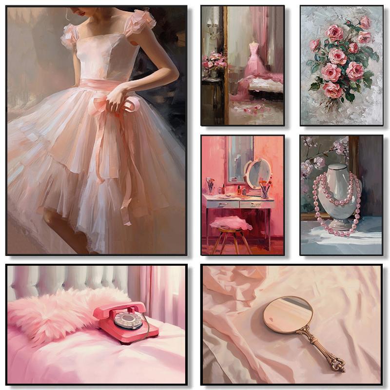 

Pink Vintage Preppy Ballet Female Fashion Art Posters Prints Canvas Painting Wall Art Picture Living Room Home Decor 21cm×30cm NoFrame