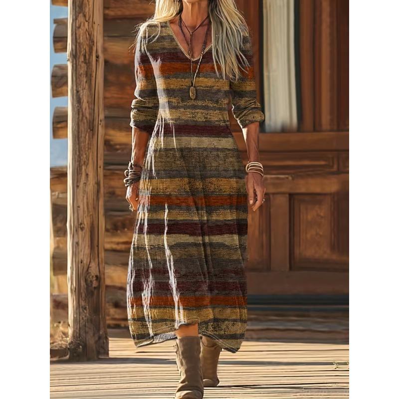 Creative Tie-dye Printing Women's New V-neck Long-sleeved Dress Medium and Long Dress