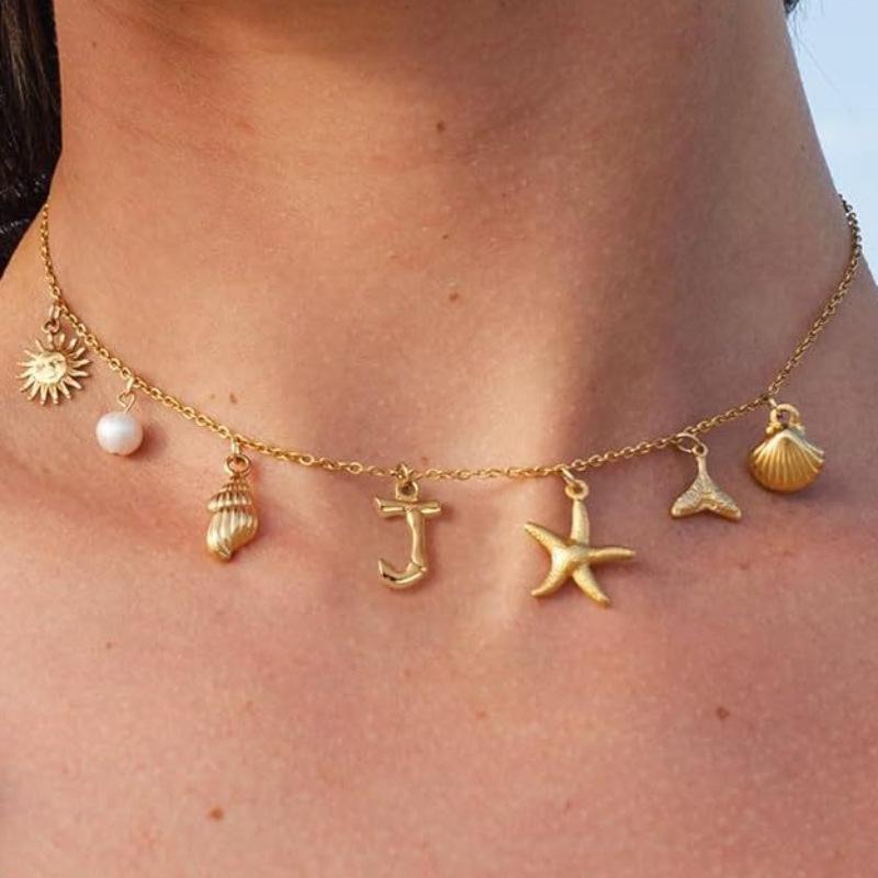 Charm Gold Color A-Z Pendant Alphabet Choker Necklace Women Shell Conch Starfish Initial Letter Necklaces Boho Beach Jewelry