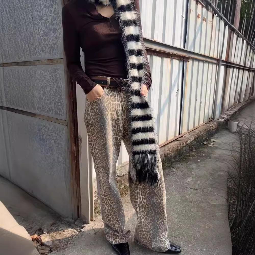 Y2K American retro TRINITE leopard print jeans hip hop street straight wide leg pants vibe style loose casual