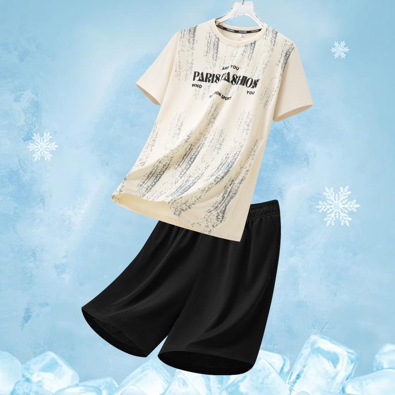 

Sports And Leisure Suit Men s Running T-shirt Ice Silk Quick-drying Two-piece Set Short-sleeved Shorts 3XL абрикос світлого кольору