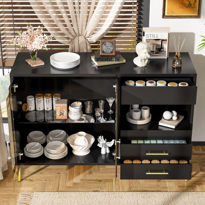 Buffet - MUVOE - 120x39,5x84cm - Noir - 2 Portes - 3 Tiroirs - Design Contemporain