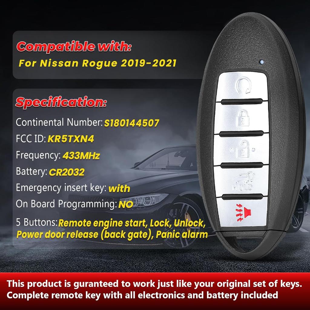 Smart Remote Key Fob Replacement for Nissan Rogue 434MHz 4A Chip FCC ID: KR5TXN4, Continental: S180144507, P/N: 285E3-6RR7A