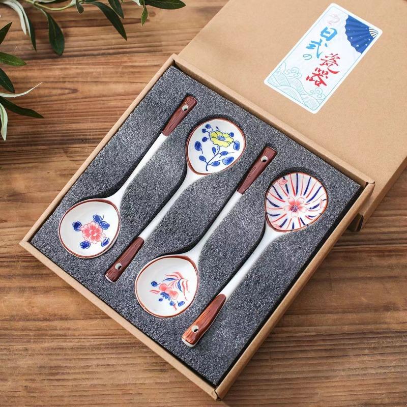 Japanese Style Long Handled Ceramic Spoon with High Aesthetic Value Hand-painted Underglaze Color Soup Spoon