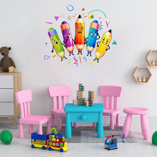 Colorful Pencils Wall Sticker Cartoon Kids Room Wall Decals Peel And Stick Classroom Wall Mural Art for Playroom Nursery Wall