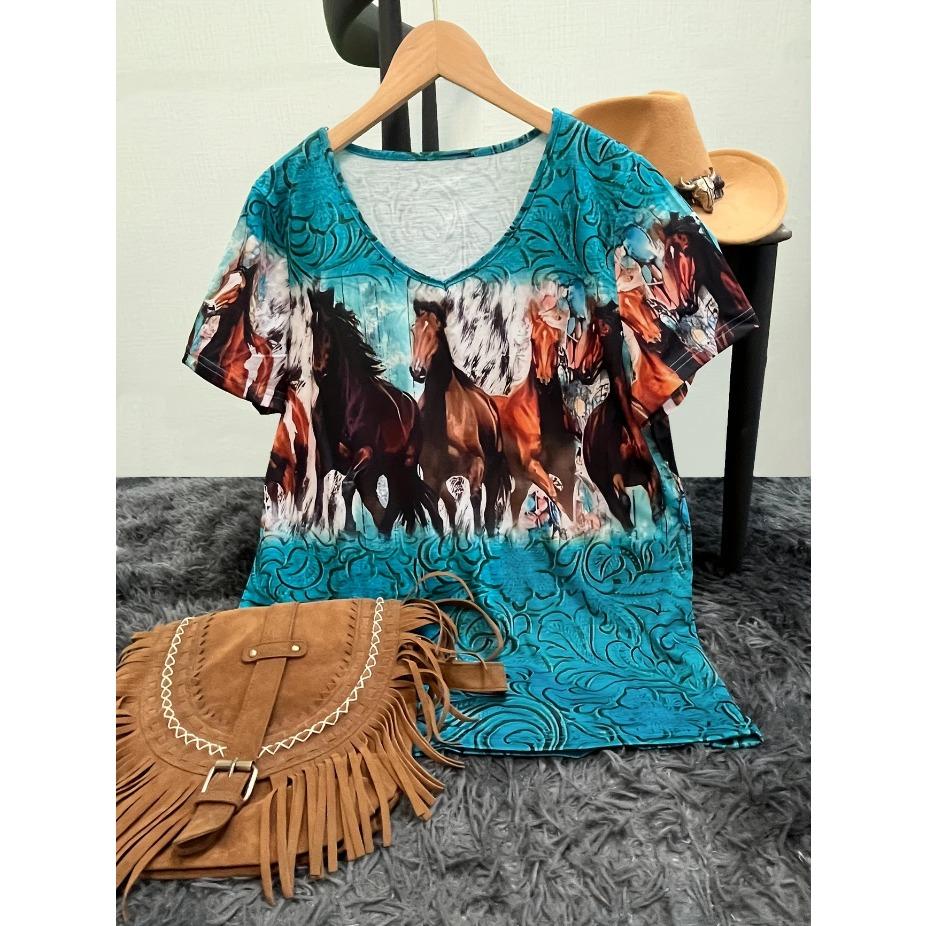 Trendy Liščí Tričko Prodyšné Nadměrné Dámské Tričko s V-výstřihem s Liščím a Květinovým Potiskem Každodenní Pohodlí, Umělecký Design