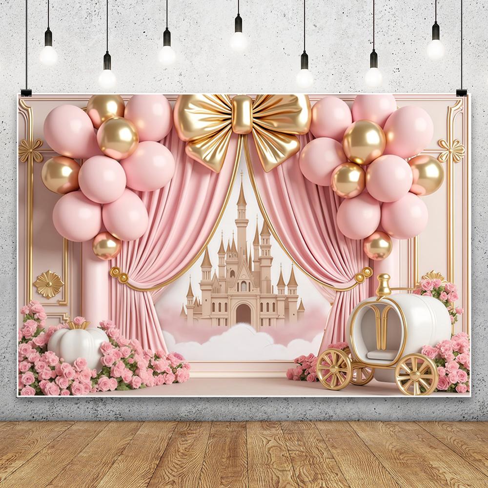 Dreamy Castle Photography Background Pink Balloon Curtain Flower Carriage Girl Birthday Bride Wedding Party Decor Photo Backdrop