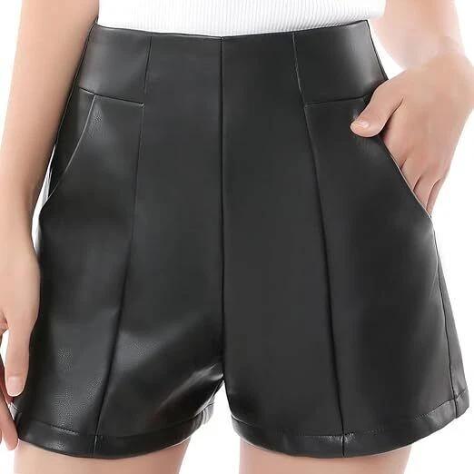 Pockets Women Party Wear Black Stylish Original Soft Leather Shorts Handmade Casual