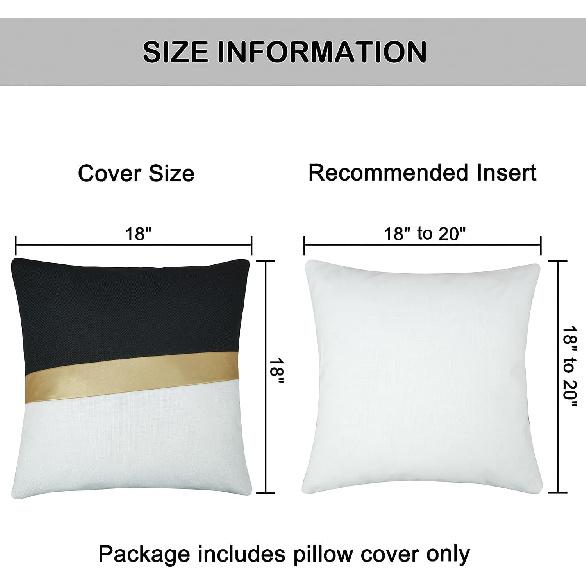 Faux Leather and Cotton Throw Pillow Covers 18x18 Inch Set of 2 Black and White Decorative Pillow Covers with Gold Stripe Patchwork Modern Farmhouse