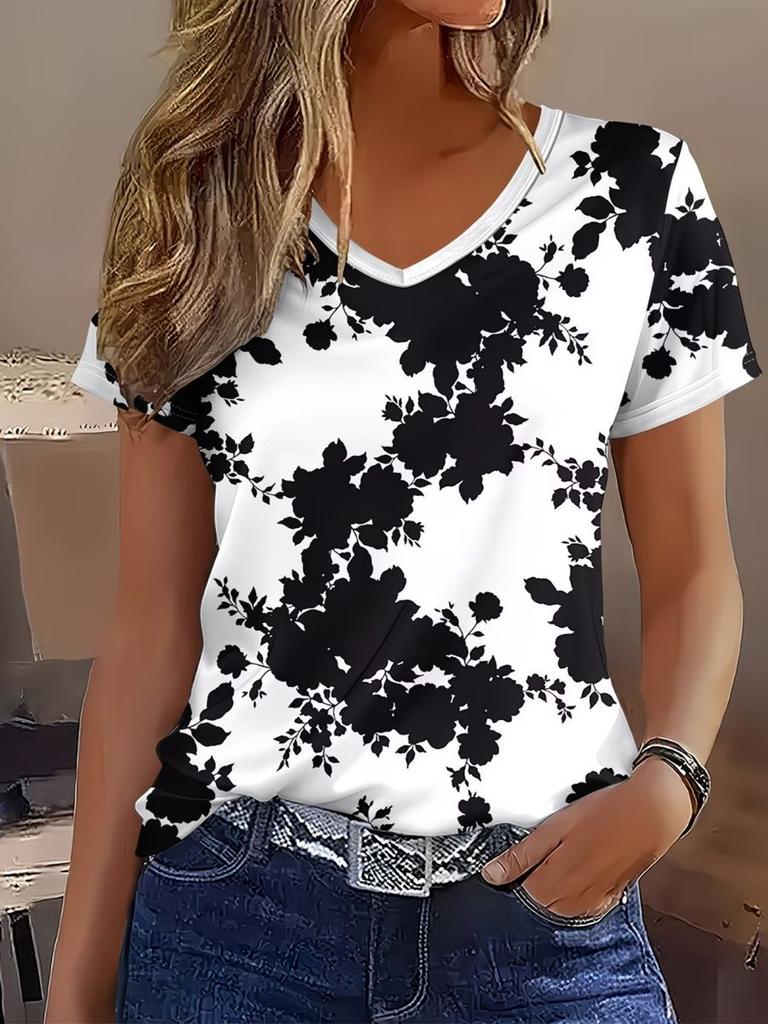 New Flower Floral T-Shirts 3D Print Women's Short Sleeve V-Neck T Shirt Streetwear Casual Top Y2k Harajuku Tees Female Clothing