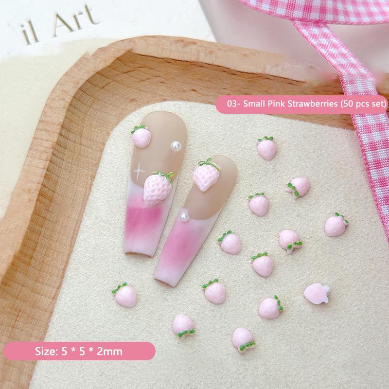 50Pcs Sweet Strawberry Nail Charms 3D Resin Cartoon Fruits Nail Rhinestones Decorations Parts Diy Summer Nail Art Accessories