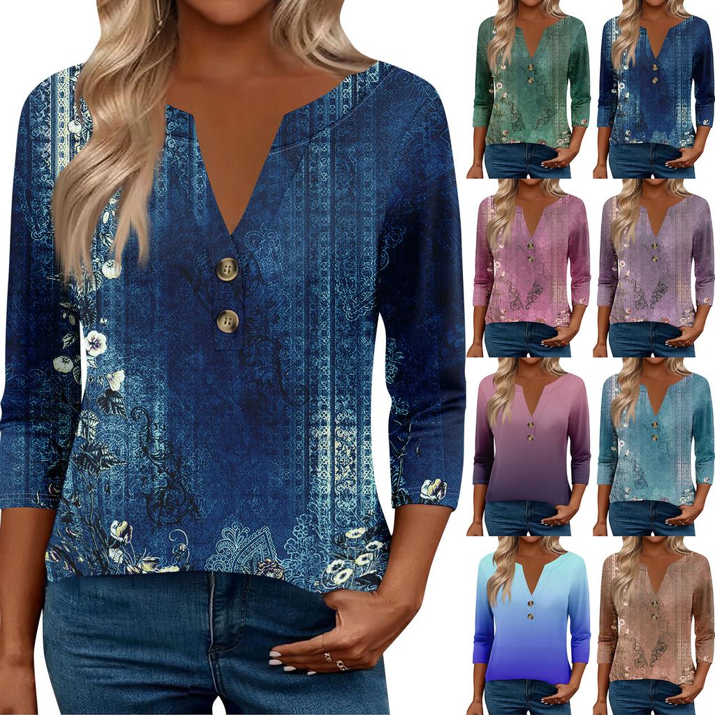 3/4 Ermer Dames Topper For Kvinner Henely Topper Knapper V-hals Løs Passform Pyntet Damesommertopper