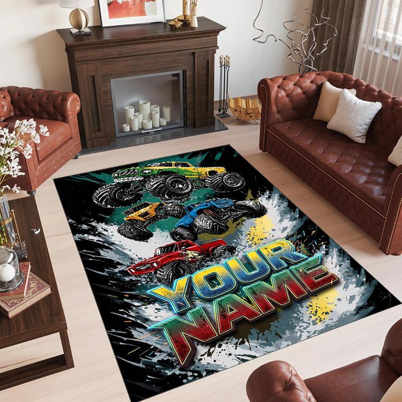 Monster Truck Theme Crystal Velvet Rug Personalized Custom Name Text Soft Floor Mat Home Decor