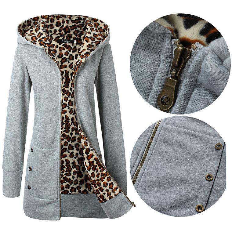 European American Plus Size Leopard Print Fleece-Lined Hooded Sweatshirt for Women, Winter Outerwear, Style 9101