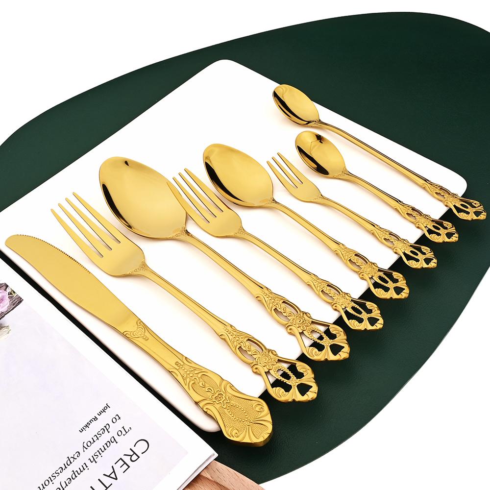 Drmfiy 24Pcs Gold Luxury Dinnerware Stainless Steel Flatware Vintage Western Set Tableware Knife Coffee Spoon Fork Cutlery Set
