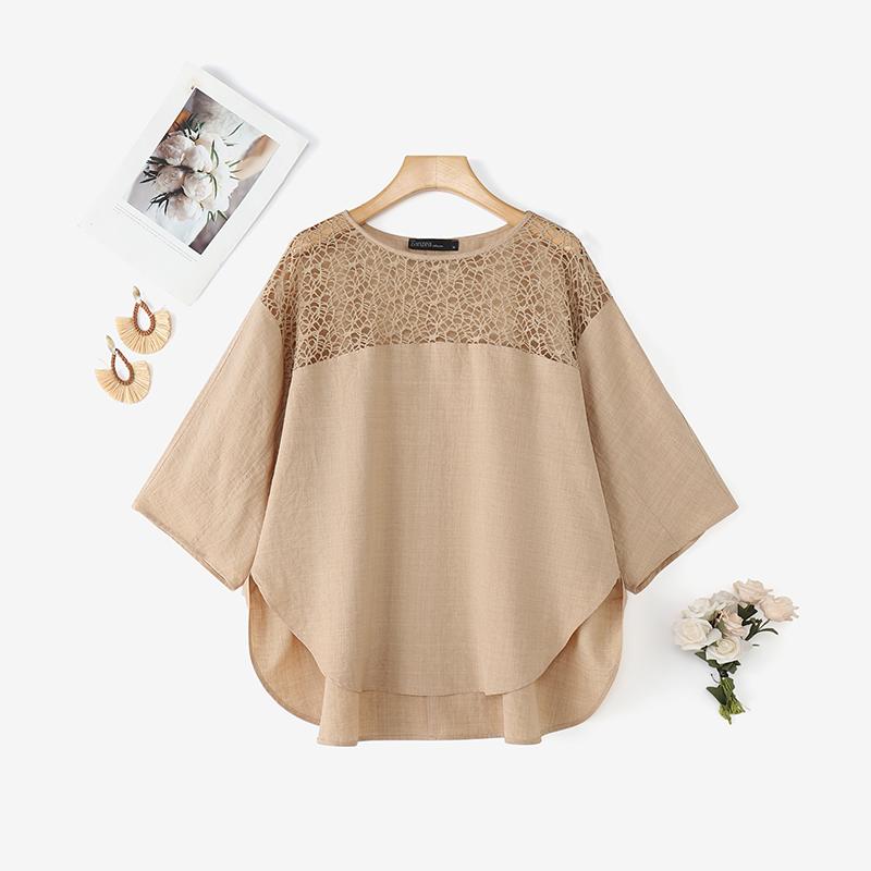 ZANZEA Women Hollow Lace Splice Round Neck Casual 3/4 Sleeve Blouse