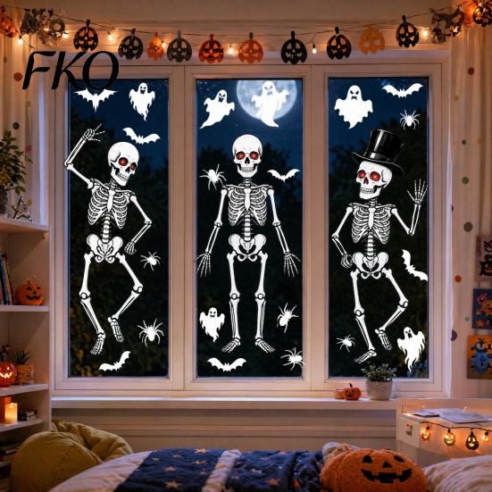 Thick PVC Window Sticker 3Pcs Halloween Skeleton Glass Stickers, Waterproof Clings, Static Decals, Home Decor Removable Stickers for