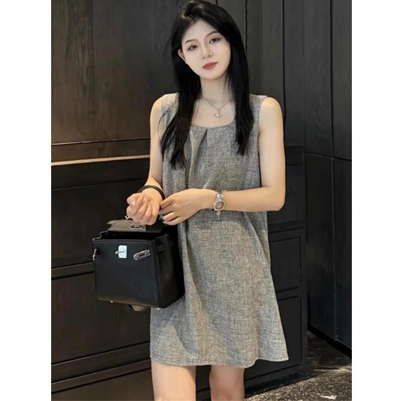Design sense niche gray sleeveless vest dress women's summer loose and thin French high-end A-shaped skirt