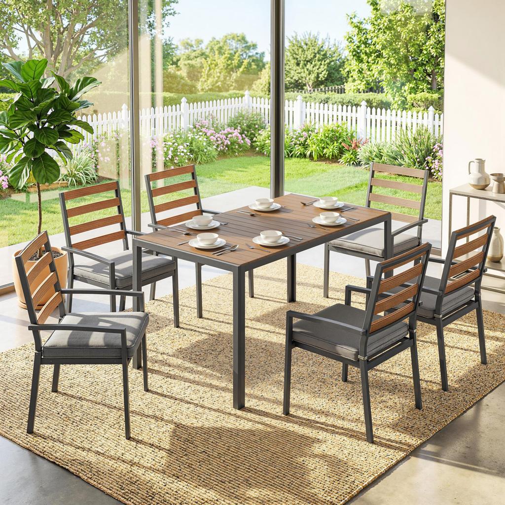7-Piece Seating Set Garden Furniture Set, Garden Set with 1 Dining Table, 6 Chairs, Cushions, for Patio, Natural Wood