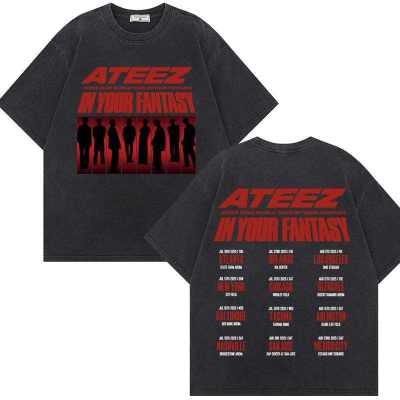 ATEEZ  World Tour in Your Fantasy Graphic T Shirt Harajuku Kpop Vintage Washed Tshirt Unisex Fashion Casual Cotton Tshirts