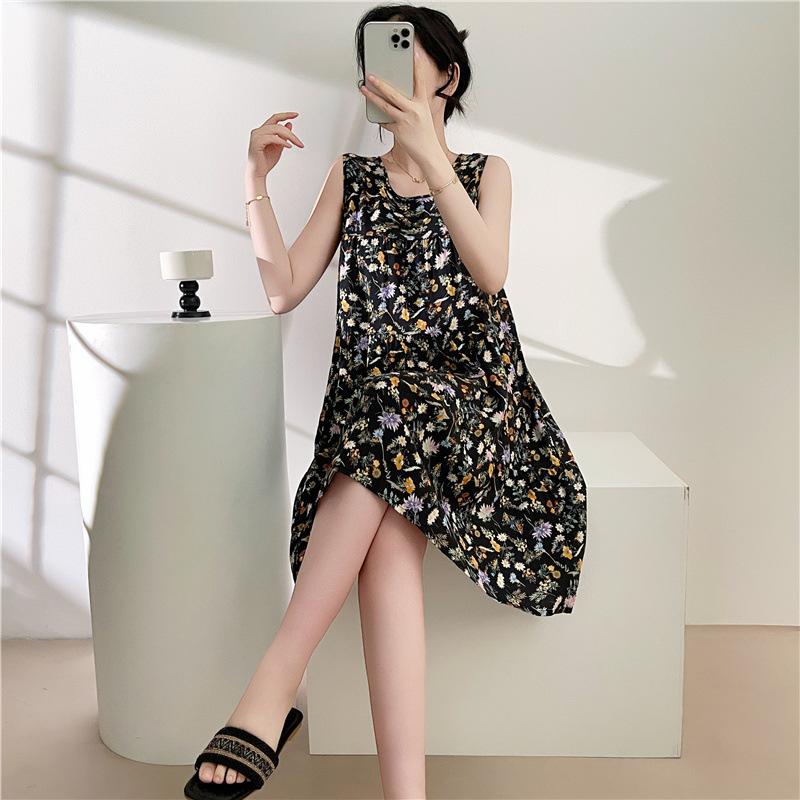 Women's Cotton and Silk Nightgown Summer Thin Internet Celebrity Large Size Printed Pajamas New Sleeveless Loungewear