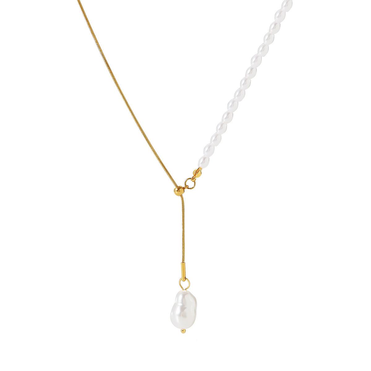 

New pearl chain spliced round snake chain adjustable stainless steel necklace for women, niche design pearl jewelry