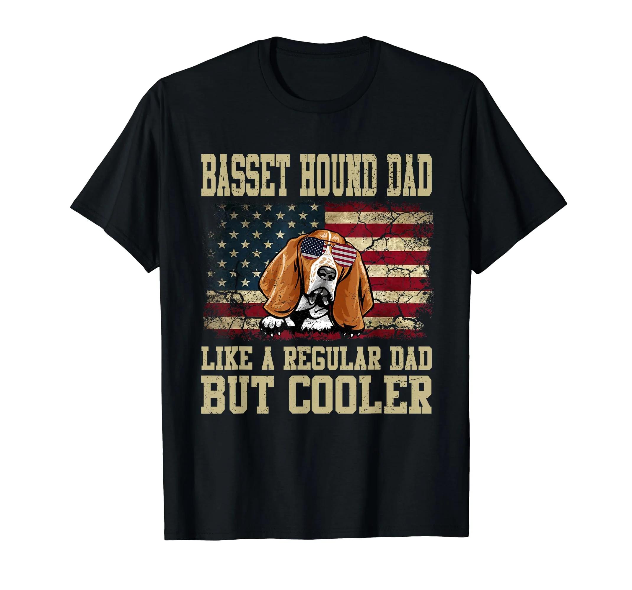 Basset Hound Dad American Flag Graphic Tee Dog Lover Cool Dad TShirt L