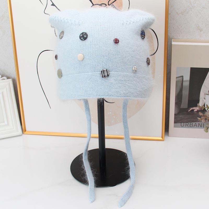 Autumn and winter cute cat ear rabbit hair ear protection knitted hat women's color button decoration warm wool hat cold-proof hat