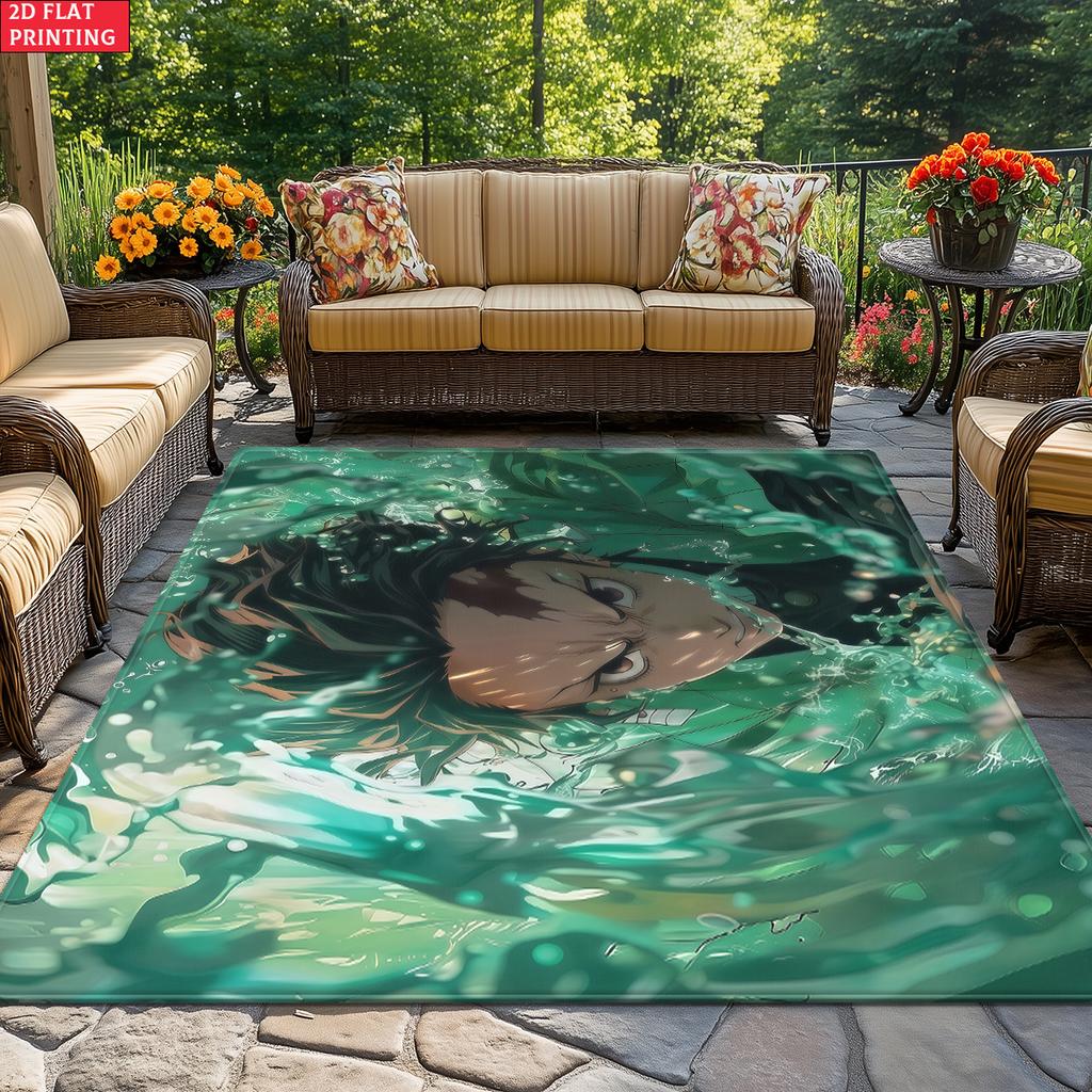 Anime Swordsman Area Rug, Green Water Wave Theme  Floor Mat, Decorative Carpet for Gaming Room Bedroom, Washable Home Decor Gift