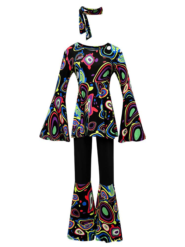 New hot-selling printed top, trousers, headscarf set, hippie ball stage performance costume