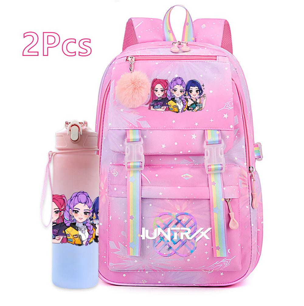 2Pcs/set New Anime Kpop Printed Backpack with 750Ml Water Bottler Large Capacity Travel Bag for Teenager Girl Boy Bookbag Kid Gift Large Capacity Bag