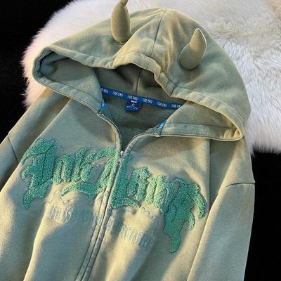 Sweat-shirt surdimensionné à manches longues pour femme, sweat-shirt décontracté avec fermeture éclair, lettres de corne mignonnes brodées, Harajuku, veste de rue pour Couple Y2K