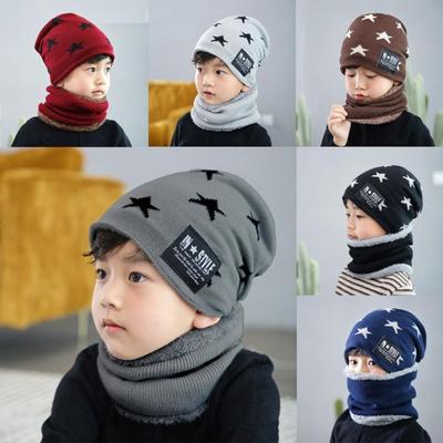 (BOY)Fleece-Kontrastfarben, gestrickte warme Wintermützen für Kinder, Mütze + Schal, zweiteiliges Set