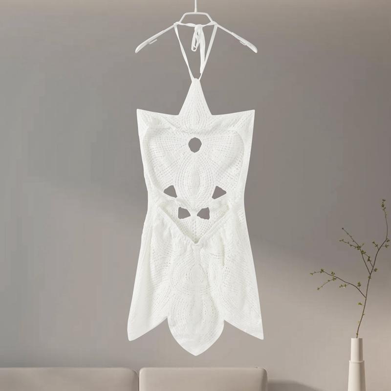 Sexy Häkel-Strick Strand Mini Kleid Damen Aushöhlen Neckholder Ärmellos Rückenfrei Schnürung Weibliche Kleider 2024 Sommer Dame Slim Roben