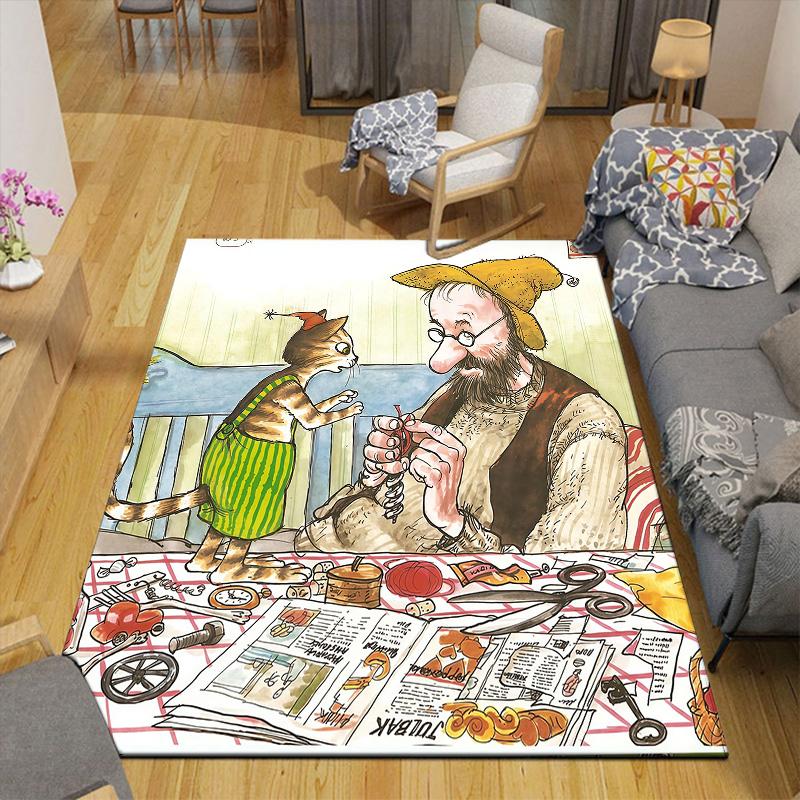 Pettson and Findus Flannel Pattern Square Carpet,Area Rug,Carpet Rug for Living Room Bedroom Sofa Playroom Decor,Non-slip Floor Mat