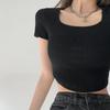 Damen Koreanischer Stil Slim Fit Weiter U-Ausschnitt Crop Top - Unifarben, Kurzarm, Oversized, Sommer Layer.