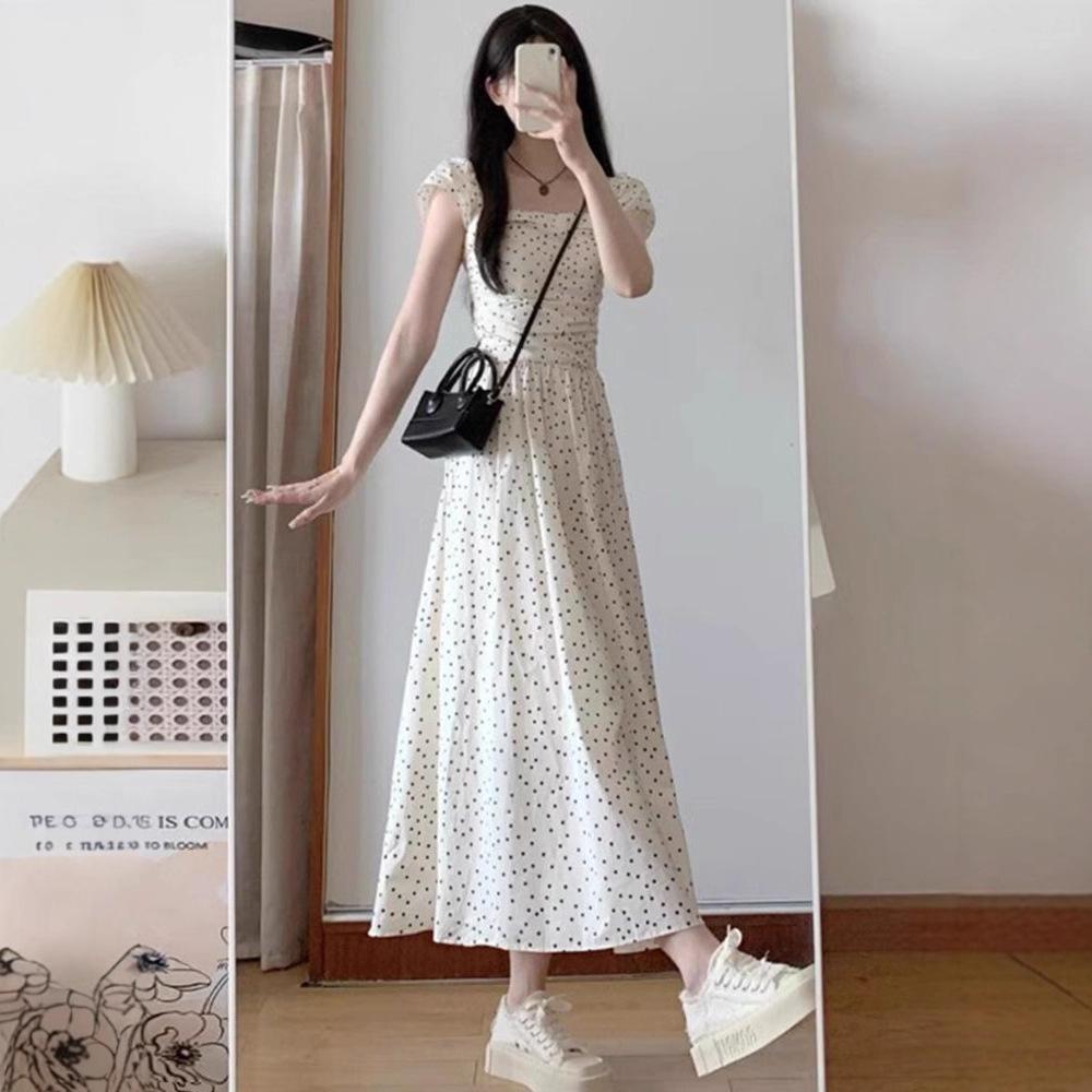 French Seaside Vacation Style Small Flying Sleeves Polka Dot Dress Summer Women's New Thin White Dress