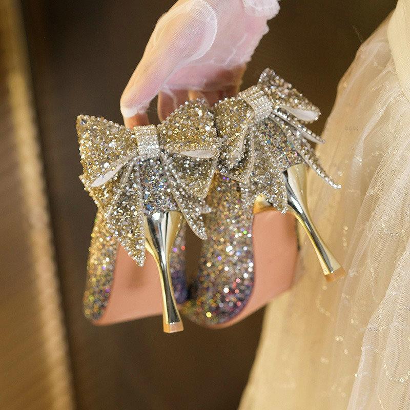 Fashion 2025 New French Bow Pumps Gradient Crystal Sequin Senior Sense Bridal Wedding Shoes Bridesmaid Shoes Dinner Shoes