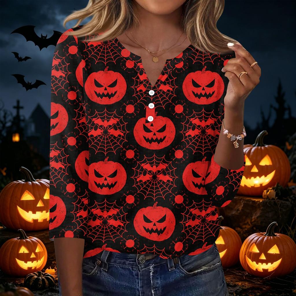 Women's Casual Halloween Print V Neck Button Front Three Quarter Sleeve T Shirt Top Lightweight Soft Fabric Comfortable Fit