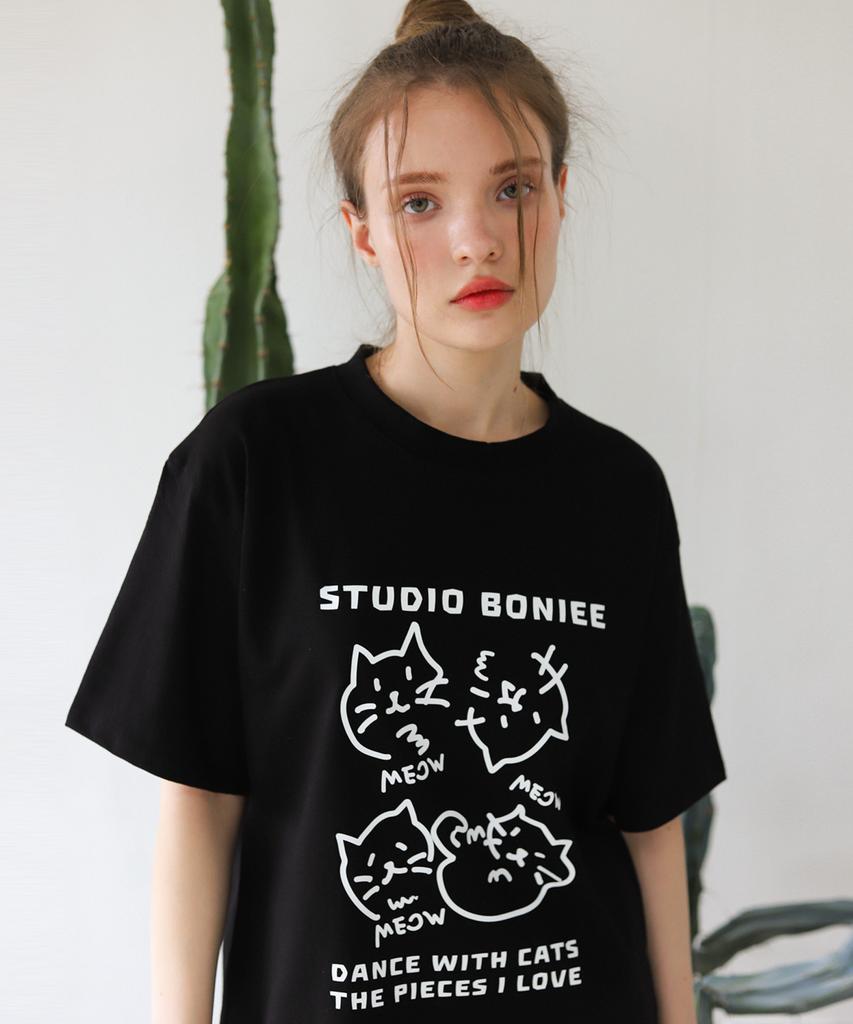 BONIEE Dance With Cats Graphic Loose T-Shirt Black