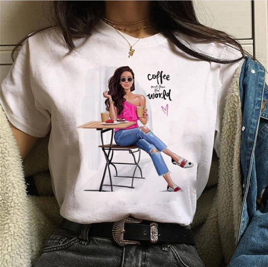 Fashionable Womens Coffee Printed White Tshirt Casual Short Sleeved Suitable for Daily Casual Versatile Home Clothes Top