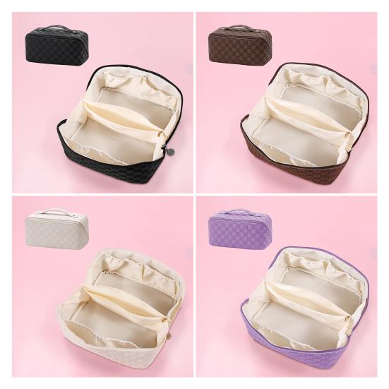 Travel Cosmetic Bag Waterproof Large Capacity Checkered Makeup Bag Open Flat Toiletry Bag for Women Skincare Brushes