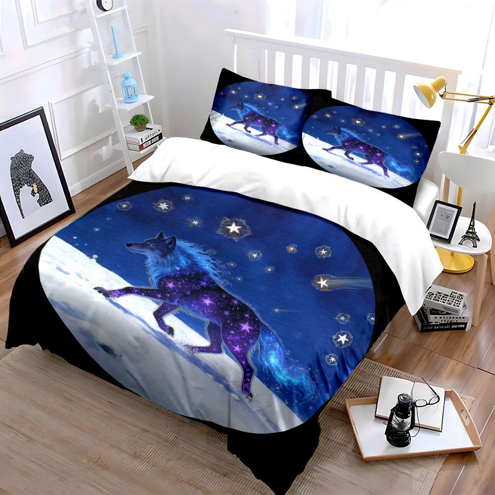Starry Wolf Decor Set Soft Comfortable Duvet Cover Bedding Set Included 1*Duvet Cover & 2*Pillowcases, Gift
