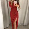 Women Formal Dress Shiny Bright Surface Off Shoulder Sexy Dress Pleated High Waist Lady Split Bodycon Dress for Party Banquet Wedding