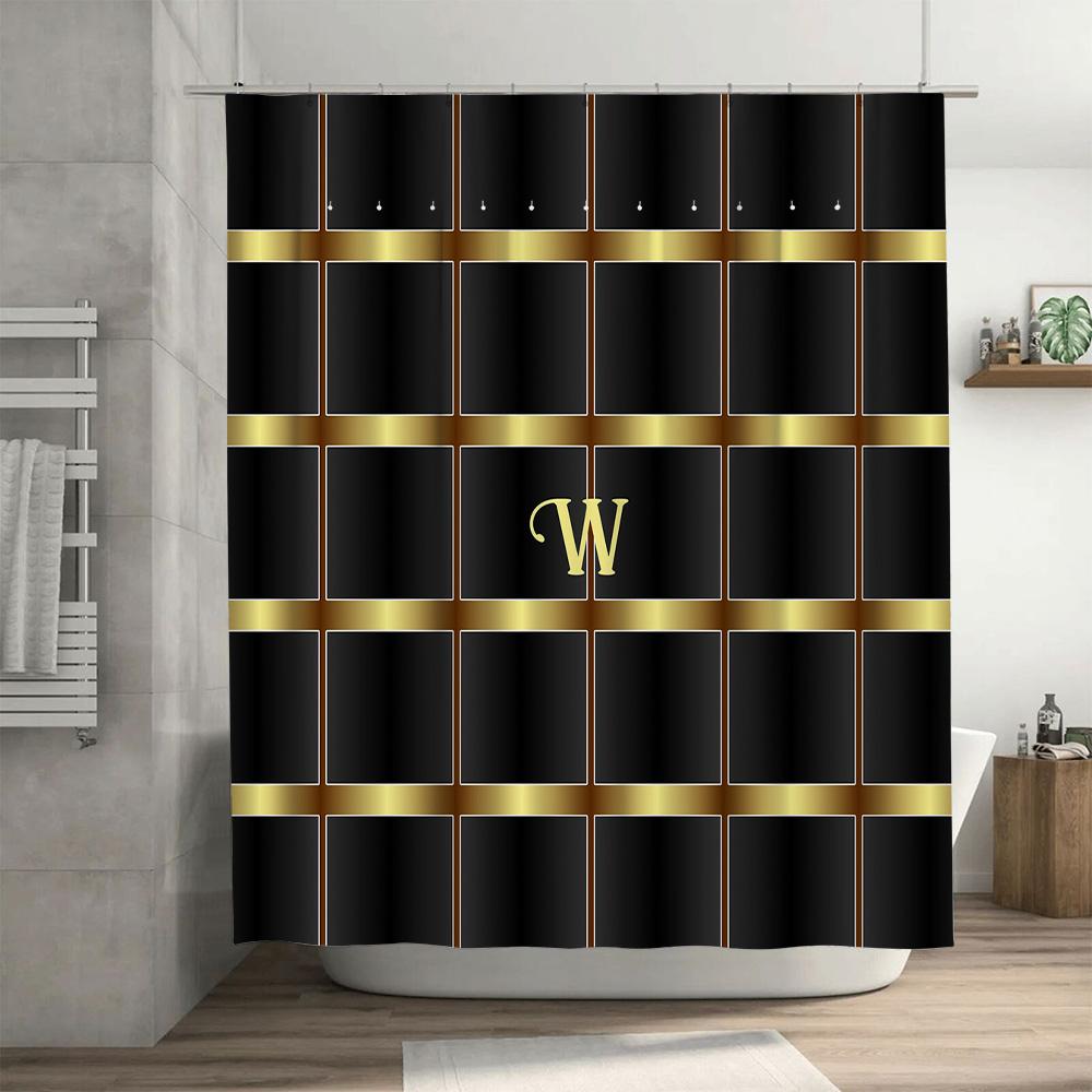 Nowoczesna krata zasłona prysznicowa ze złotymi akcentami monogram inicjał W do dekoracji łazienki czarno-złoty zestaw zasłony prysznicowej 72x84 cale Hom