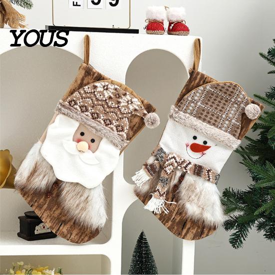Christmas Stocking Decorations Large Stockings, Santa Snowman Elk Design Plush Hanging Bag, Plaid Knitted Holiday Socks Rustic for Fireplace
