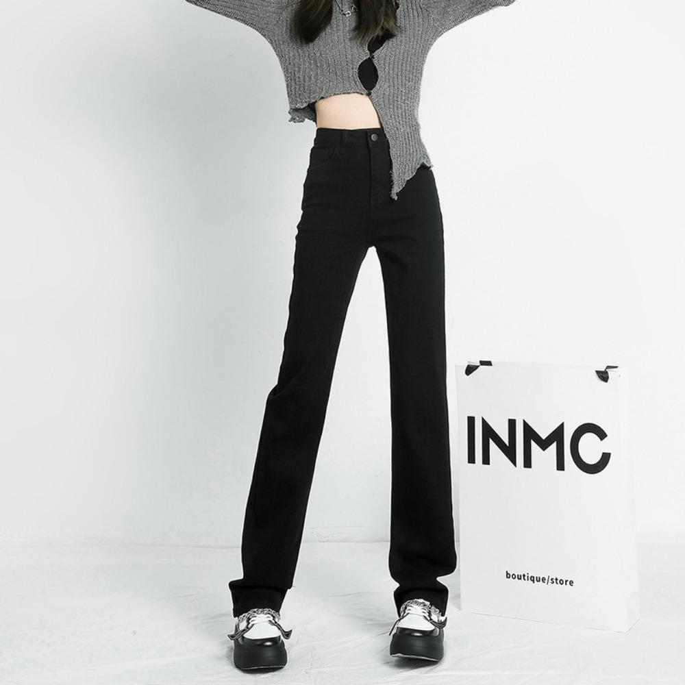 

New Spring and Autumn High Waist Straight Jeans Women s Loose and Versatile Korean Mopping Jeans S чёрный