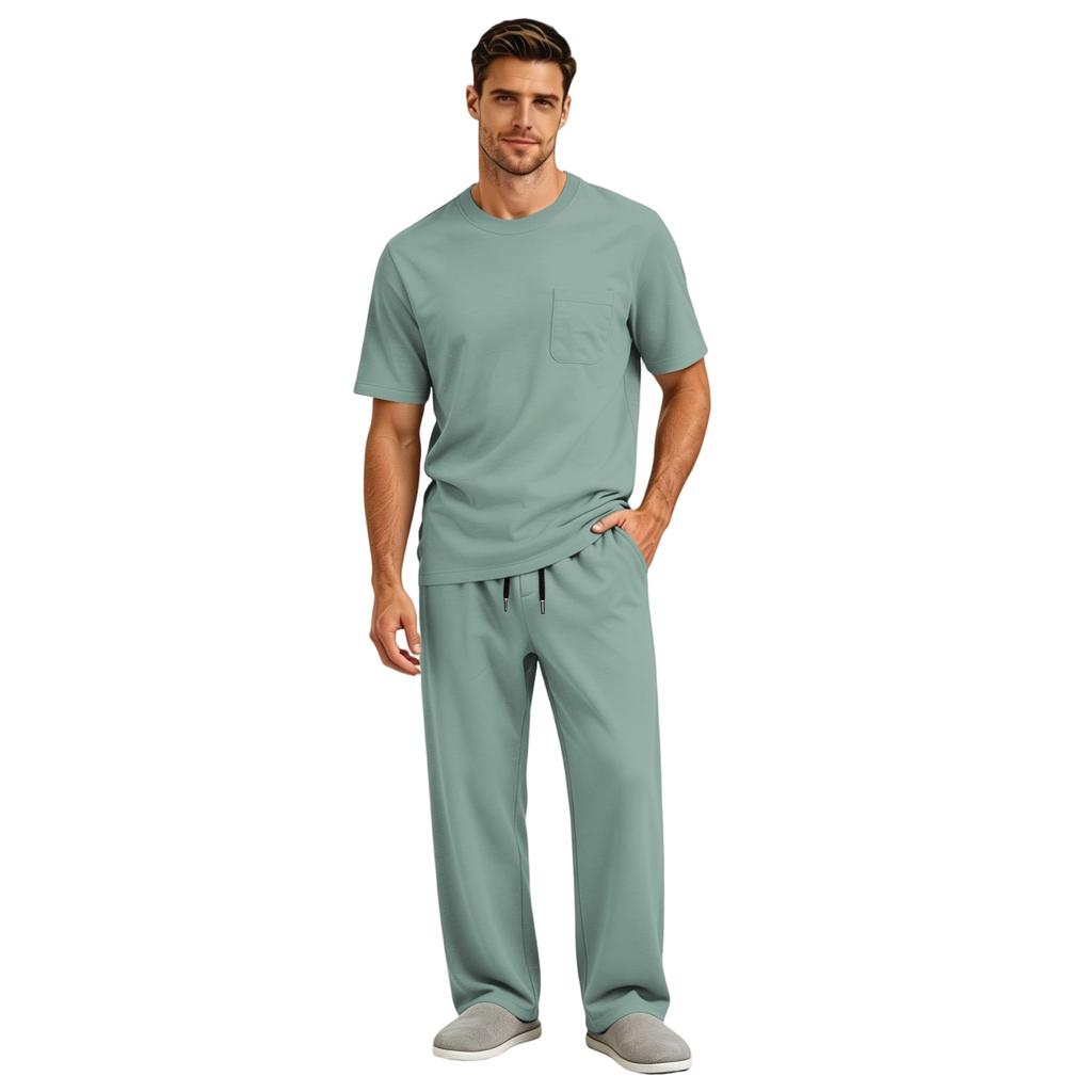 Men's Short Sleeve Pajama Set with Button Crotch and Elastic Waist Drawstring Pants for Sleepwear