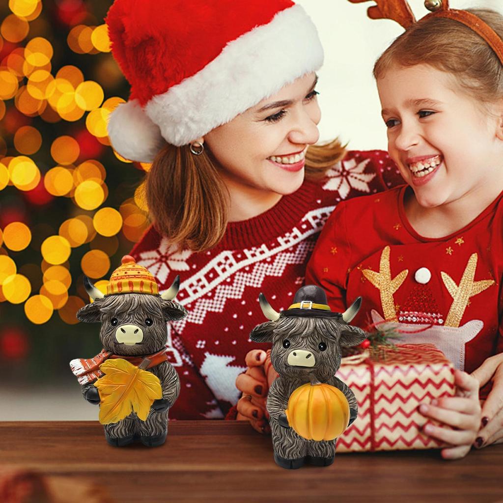 2 Pieces Halloween Fall Highland Cow Decorations Rustic resin Highland Cattle Figurines With Pumpkin For Thanksgiving Decor